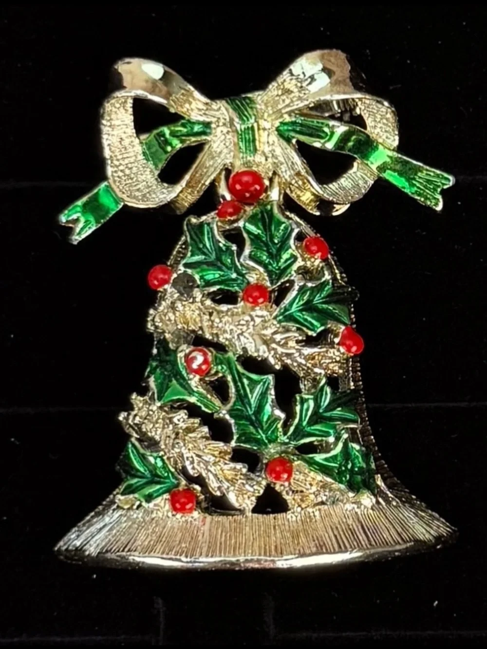 Vintage goldtone, movable, holiday festive Christmas, red, green, bell brooch